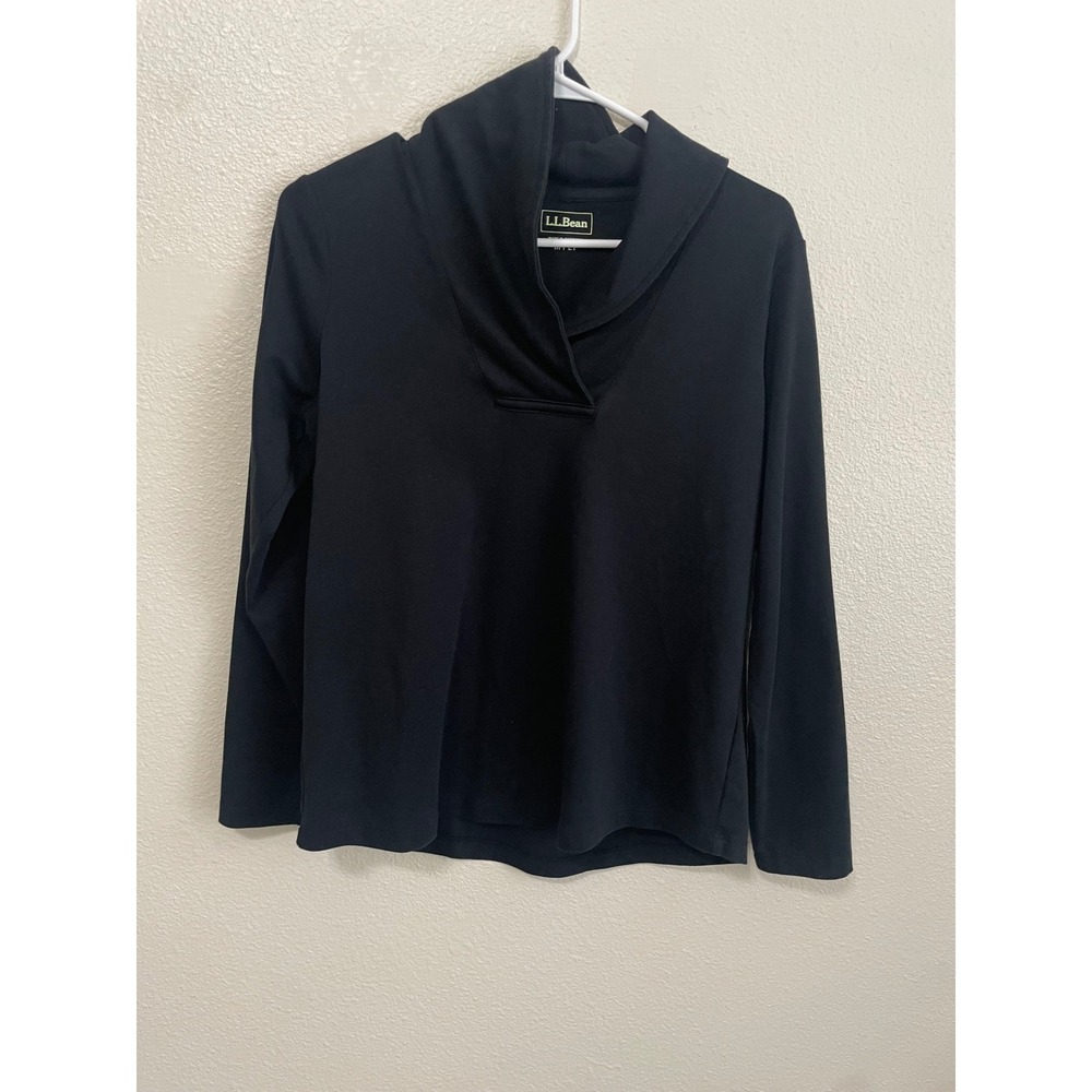 LL Bean Pullover Top Women M Pet Black EUC Shawl Collar Cotton Pullover